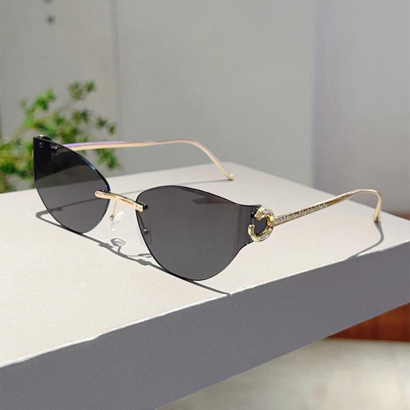 Popular Vintage Rimless Cat Eye Sunglasses Women For Men Luxury Brand Designer Sun Glasses Punk Metal Leopard Head Shades Uv