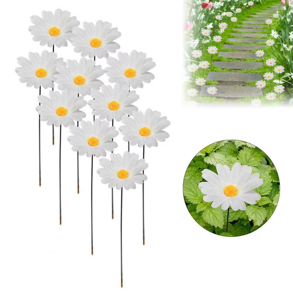 G329 10Pcs/Set Simulated Daisy Shape Garden Stake Outdoor Courtyard Patio Lawn Decoration