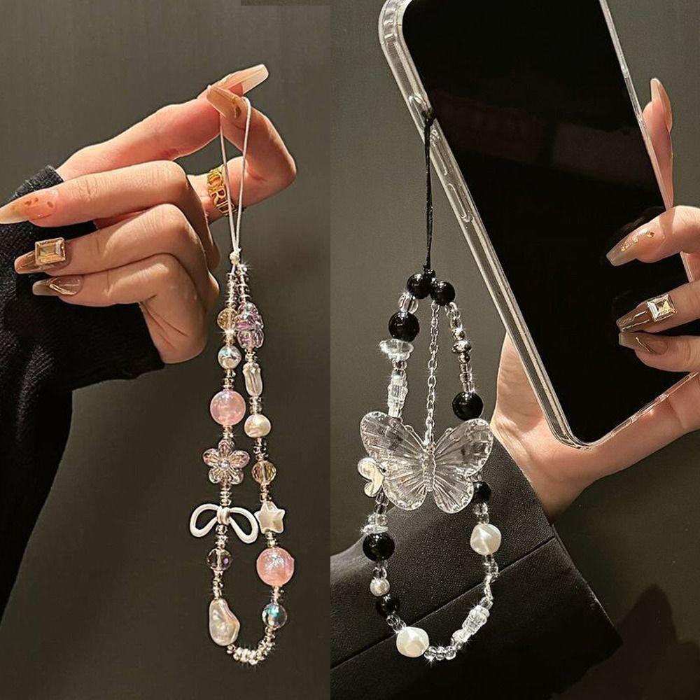 Y2K Clear Bead Phone Strap Fashion Bowknot Wrist Short Rope Phone Lanyard  Phone Bag Accessories