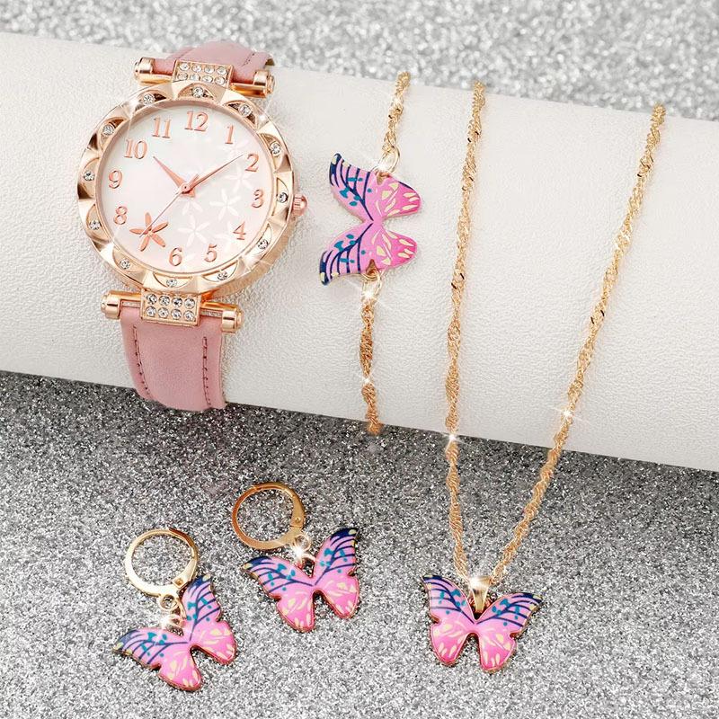 

5 ШТ. Женские часы с бабочками, кожаный ремешок, женские кварцевые часы, набор украшений розовый