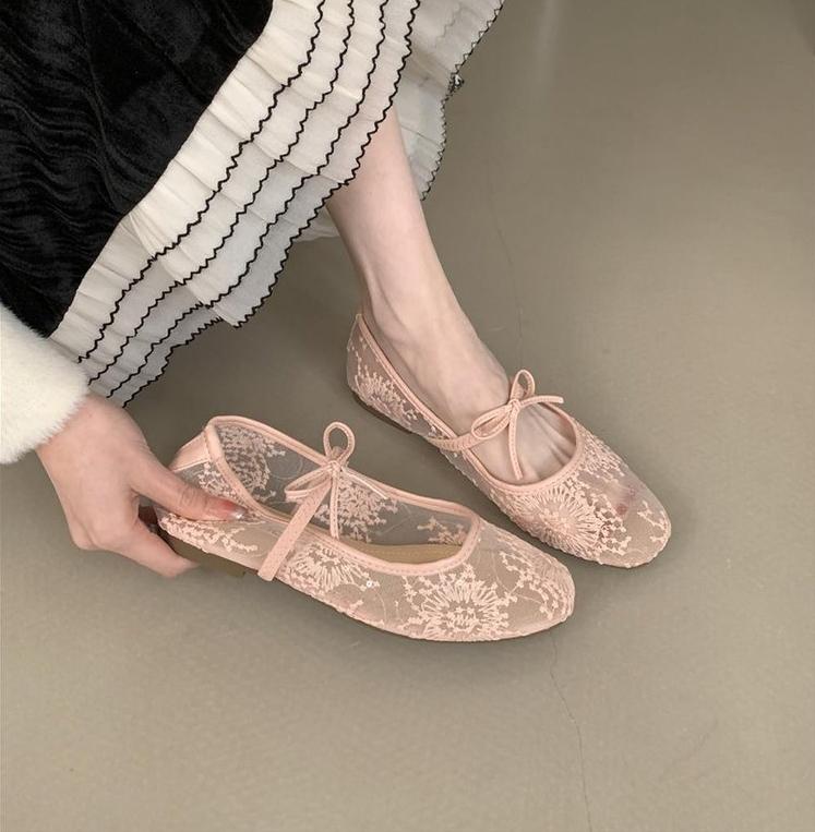 Mesh-Spitze Innenhöhe Damenschuhe Sommer neu sexy eckige Zehen flache atmungsaktive Ballerinas Schleife flache Schuhe