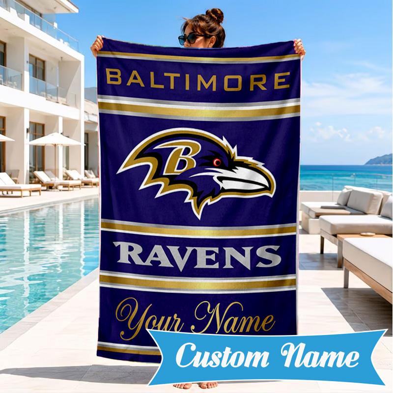Custom Name Football Ravens Logo Personalized Microfiber Beach Towel, Quick-Dry, Ideal for Summer Travel, Beach Essential, Swimming