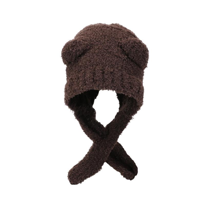Japanese Cute Winter Bear Color Blocking Ear Knitted Strap Lei Feng Hat Autumn and Winter Warm Ear Protection Wool Hat