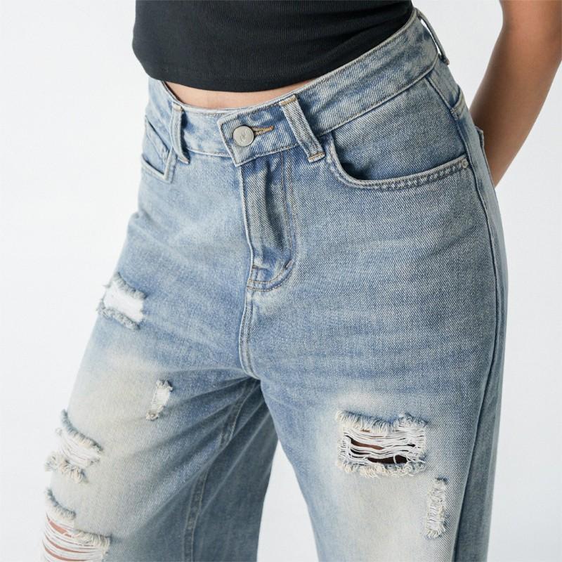 Womens Distressed Ripped Jeans Straight Leg Loose Fit High Street Style Denim Pants