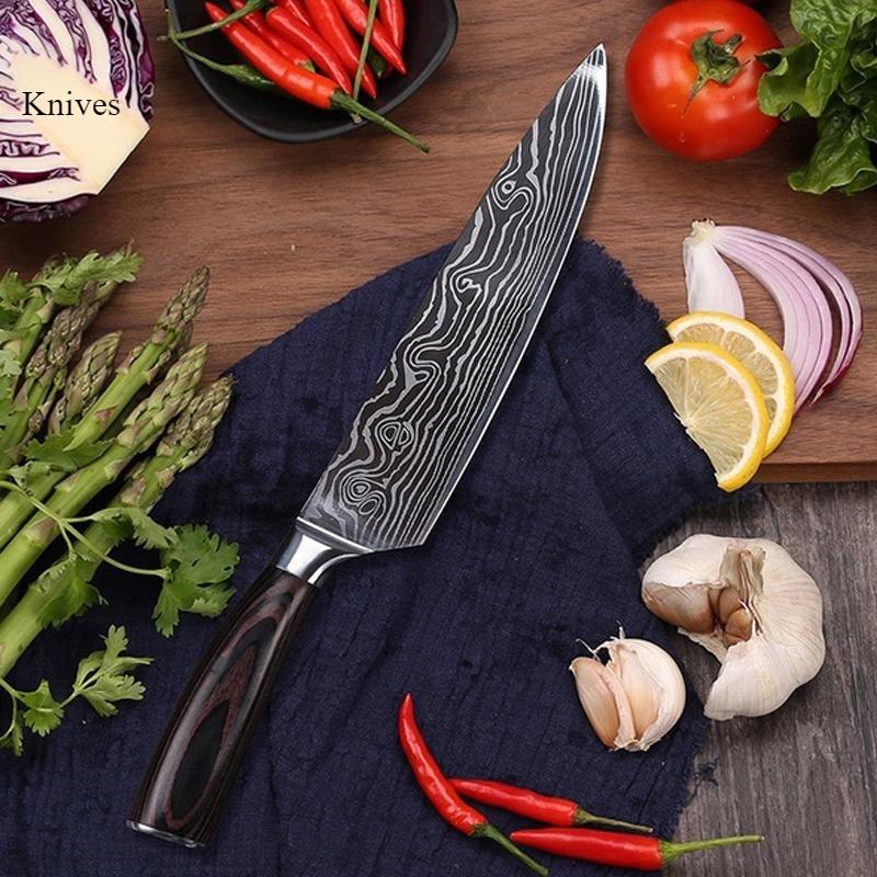 1PC,Damascus Laser Pattern Chef's Knife Bread Knife Stainless Steel Kitchen Knife Cooking Kitchen Knife