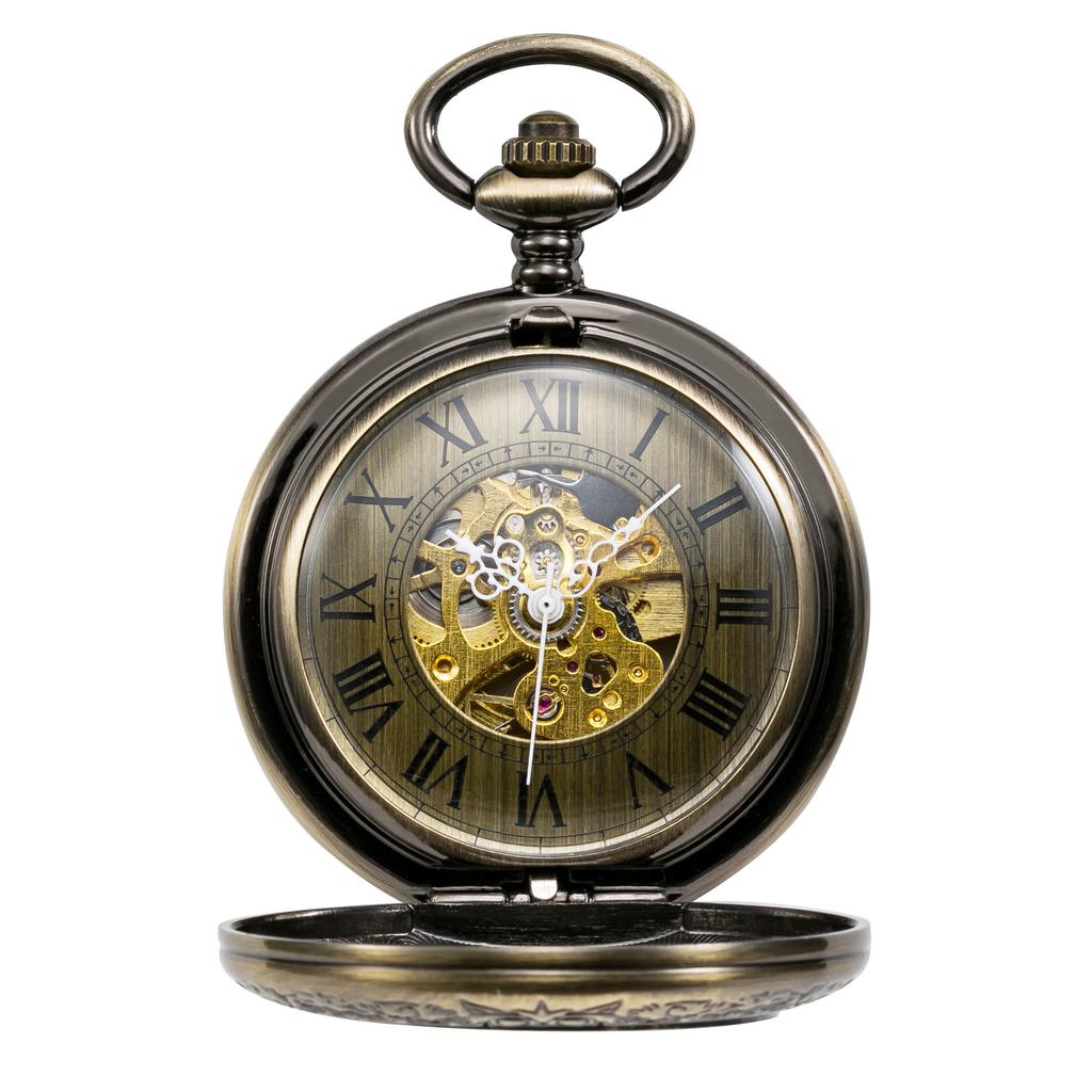 TREEWETO Automatic Mechanical Pocket Watch Half Hunter Case Steampunk Skeleton Dial Men Women Ladies