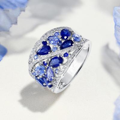 Women Ring Hollow Out Wide Blue Cocktail Ring Water Drop Shape Copper Multi-Shaped