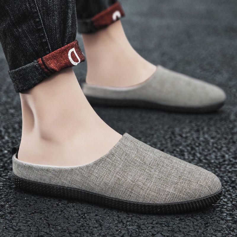 Men's Summer Half-Slip Breathable Closed-Toe Sandals Non-Slip Odor-Resistant Beach Linen Lazy Slip-On
