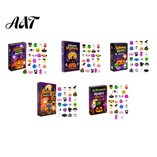 Halloween Desk Ornament Squeeze Toy Advent Calendar, 24 Day Ghost Pumpkin Fidget Cute Figurines Toys Set, Collectible Figures Gift Box for Kids,