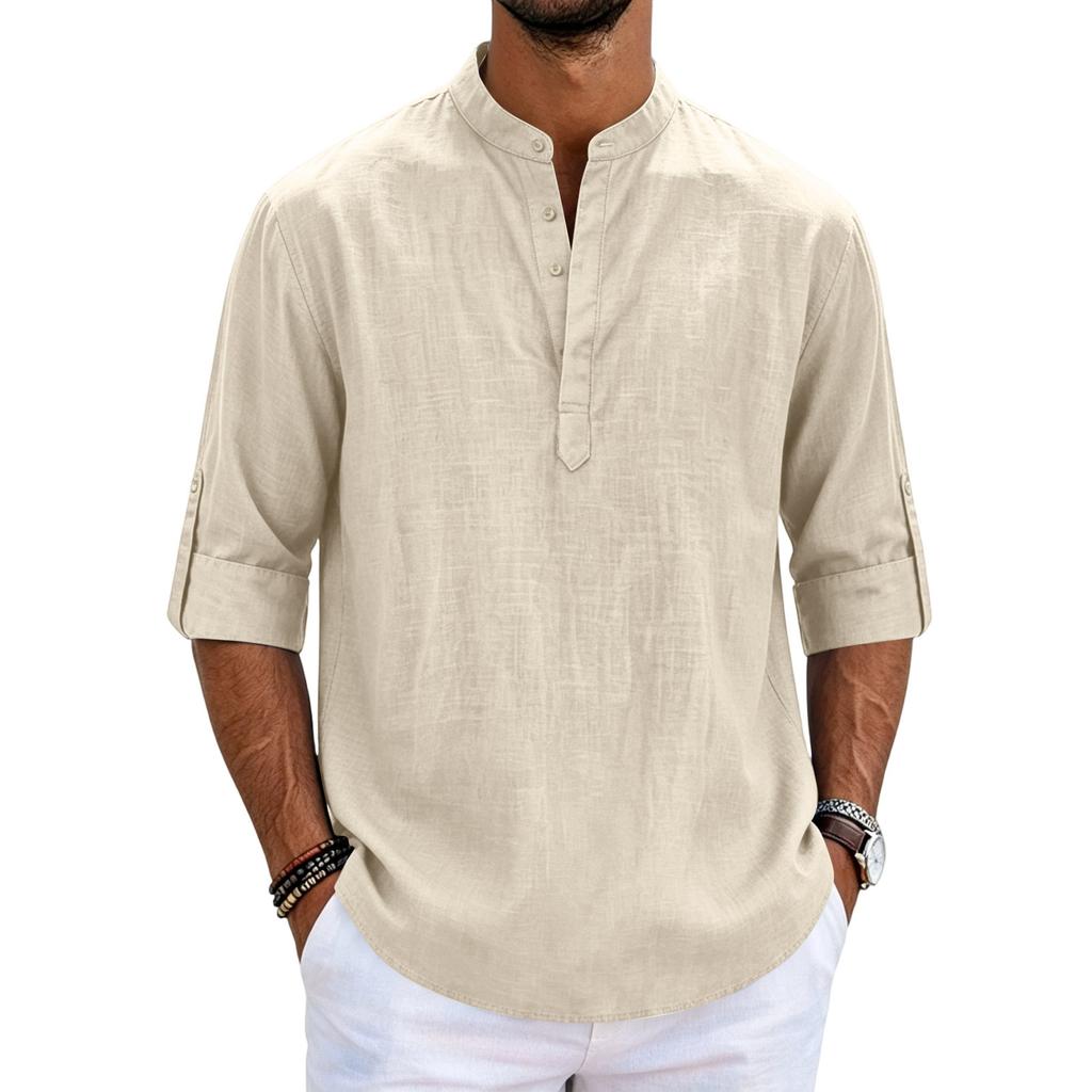 Men's Linen Long Sleeve Shirt Loose Fit Stand Collar Button Placket Casual Cotton Blend Pullover Shirt for Everyday Wear