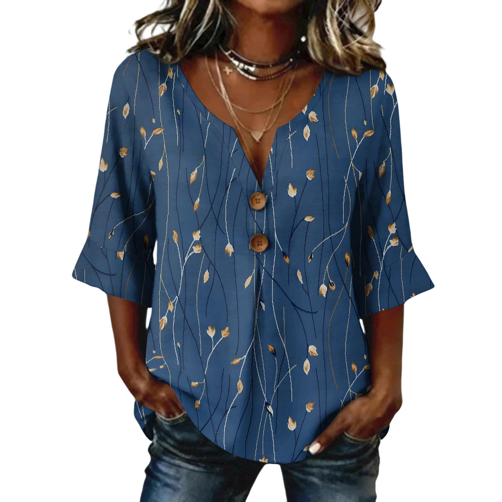 Ladies  floral print button casual V-neck fashionable seven quarter sleeve top L
