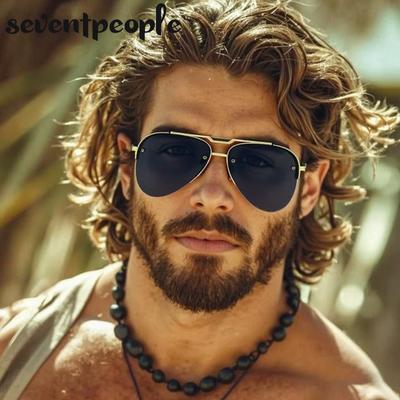 Steampunk Semi-Rimless Pilot Sunglasses Men  Luxury Brand Vintage Oversized Oval Sun Glasses For Male Classic Metal Shades