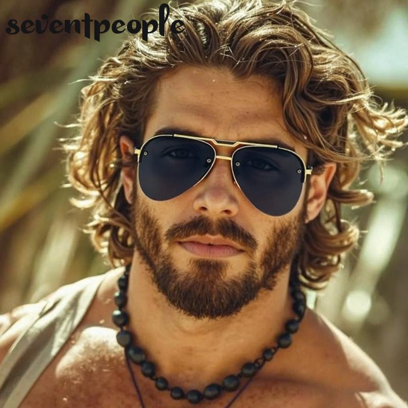 Yto Household Items Men's Steampunk Semi-Rimless Pilot Sunglasses Luxury Brand Vintage Oversized Oval Sun Glasses For Classic Metal Shades