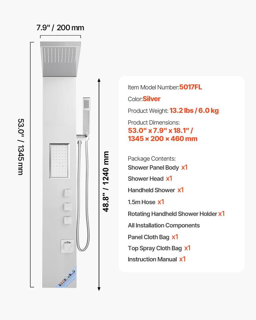 VEVOR Shower Panel Tower System with Rainfall Shower Head, 53 in Brushed Stainless Steel Shower Column, 3-Function Faucet