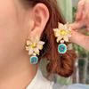 CMM Micro Paved Blue Cubic Zirconia Long Big Geometric Flower Drop Earrings Gold Color Bridal Dress Wedding Jewelry