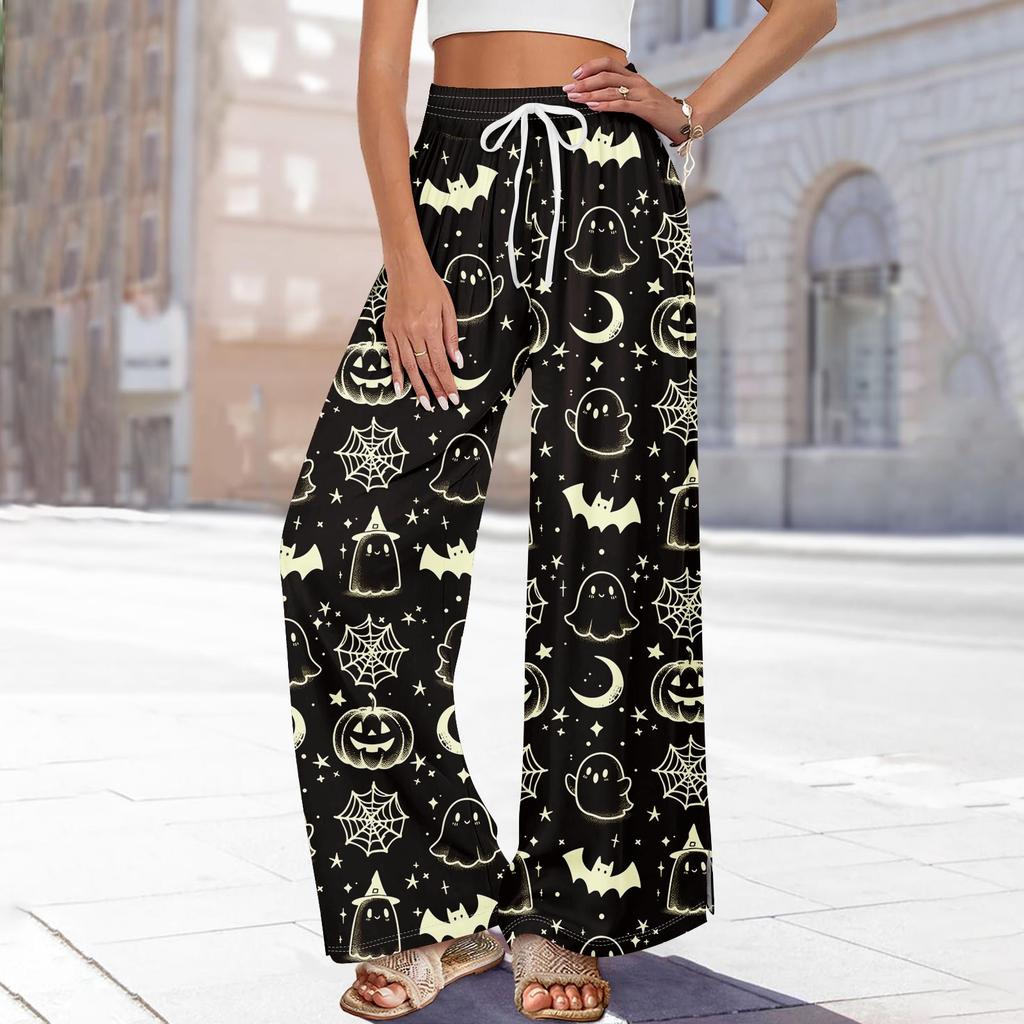 Damen Sommer Boho Palazzo Hose Hohe Taille Weites Bein Halloween Druck Lässige Hose mit Taschen