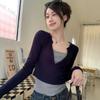 Korean Style Slim Fit Long Sleeve T-shirt - Women's Versatile Two-Piece Look, 260g, Autumn Winter Temperament