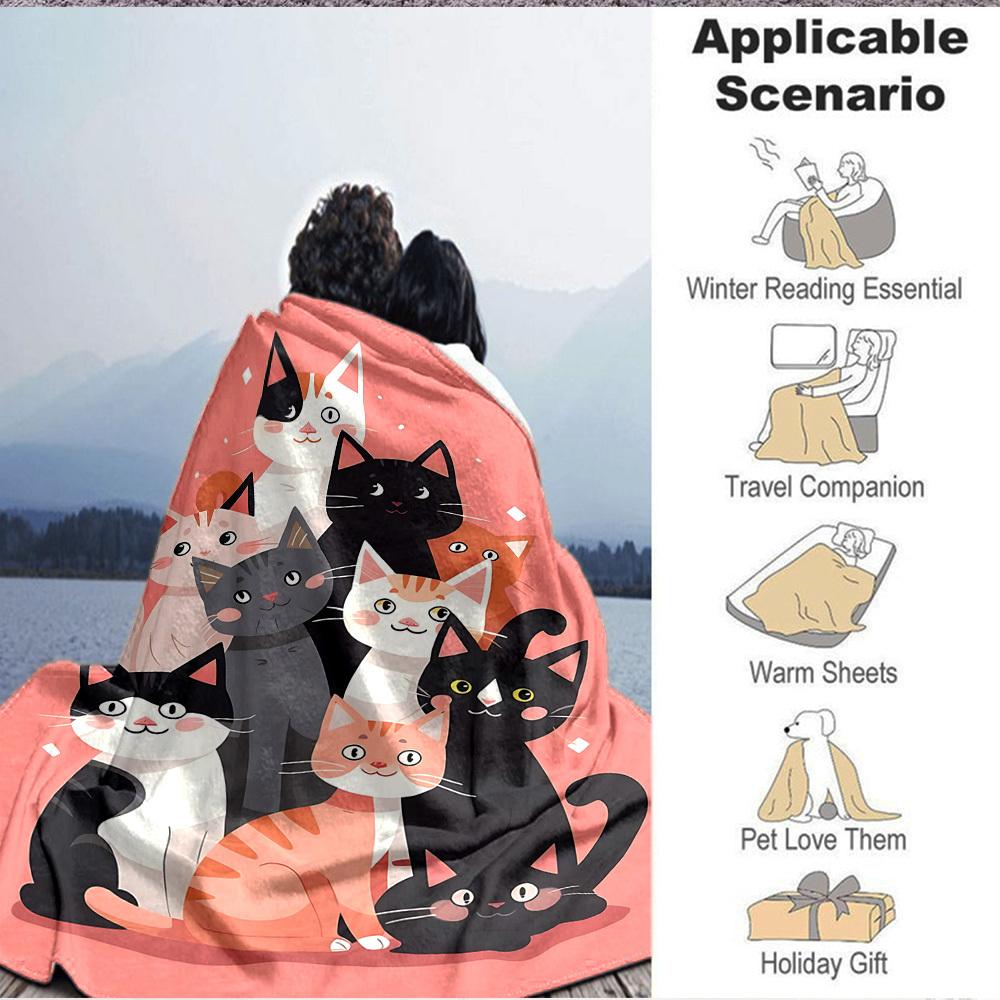 1pc Cat Family Lightweight Flannel Blanket, Comfortable and Warm Blanket, for Office and Camping Sofa Bed, Livingroom025