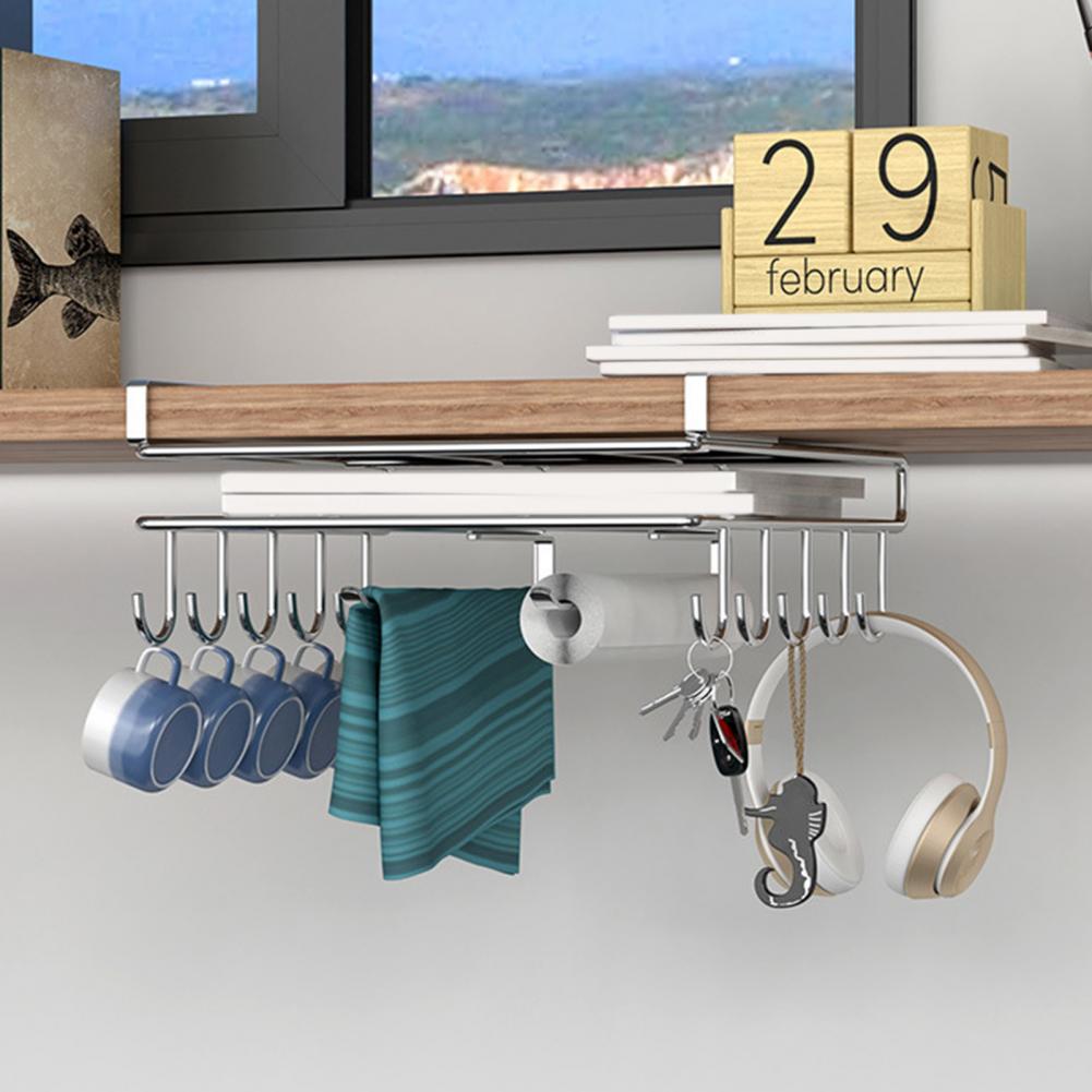 Clip-On Shelf under Cabinet Storage Shelf with 10 Hooks 2 Towel Bars And Cutting Board Holder No-Drill Installation