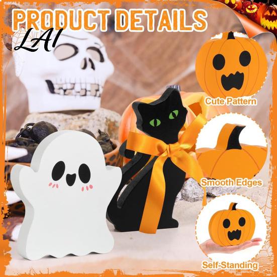 Decorative Wood Crafts for Shelves 3Pcs/Set Halloween Tiered Tray Decorations Cute Ghost Pumpkin Black Cat Wooden Ornaments Ornaments Block