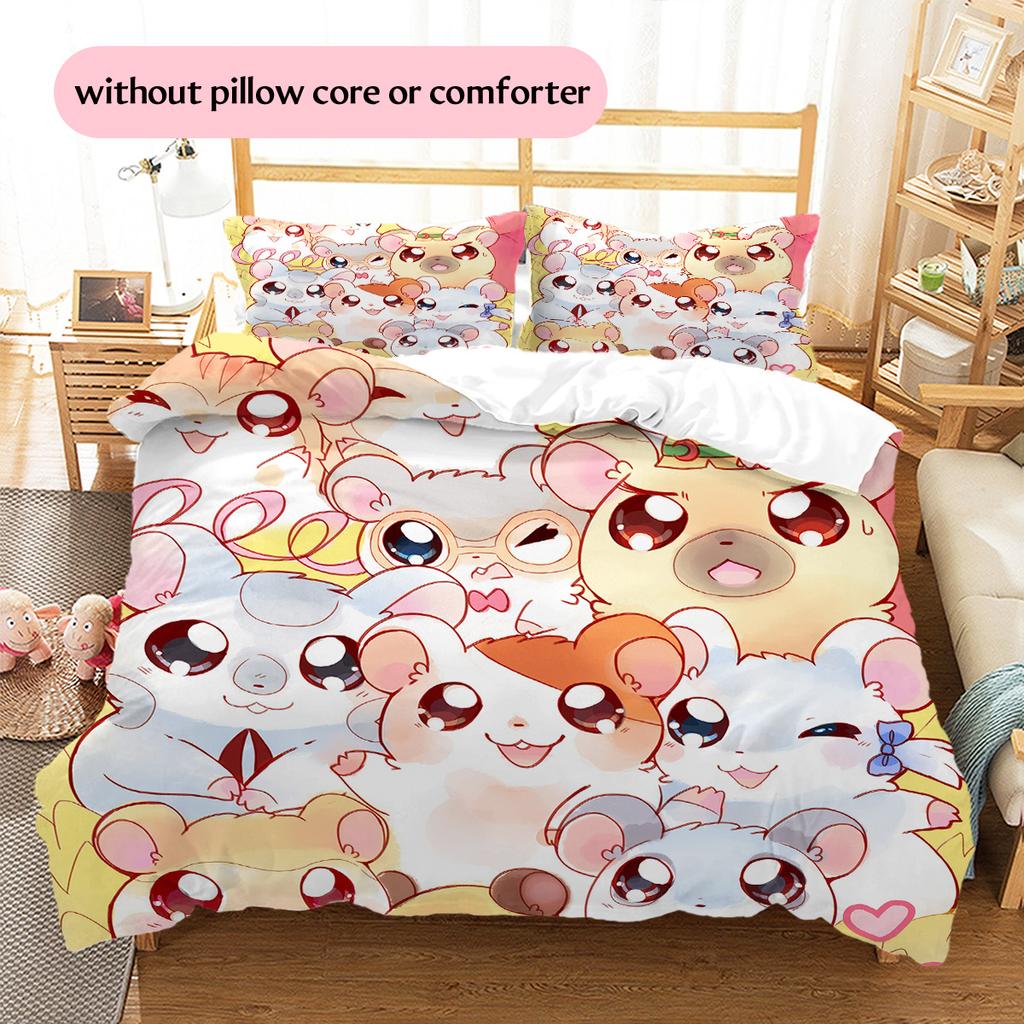 Hamtaro Muster Bettwäsche Bettdecke Set Heimdekoration Geschenk (1 Bettbezug + 2 Kissenbezüge (ohne Füllung))
