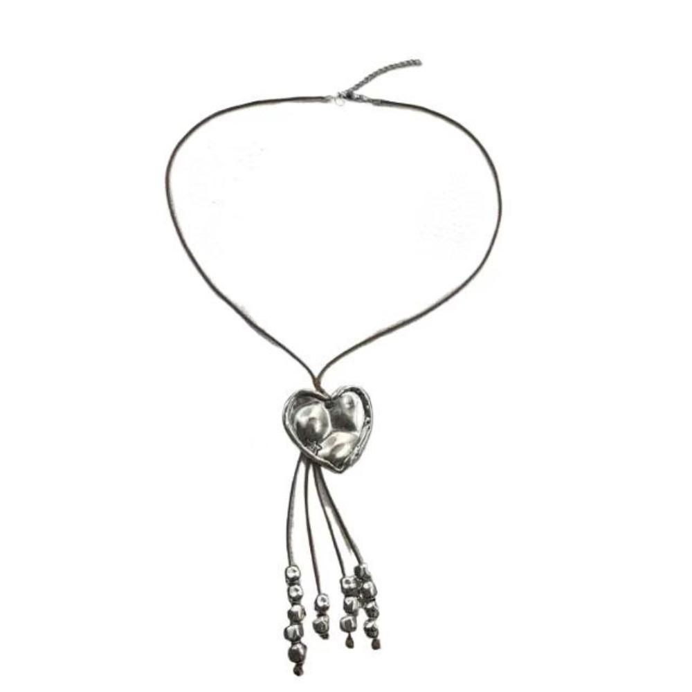 Boho Retro Sliver Color Irregular Heart-shaped Tassel Long Thin Rope Chain Necklace for Women Personality Collar Chain Jewelry