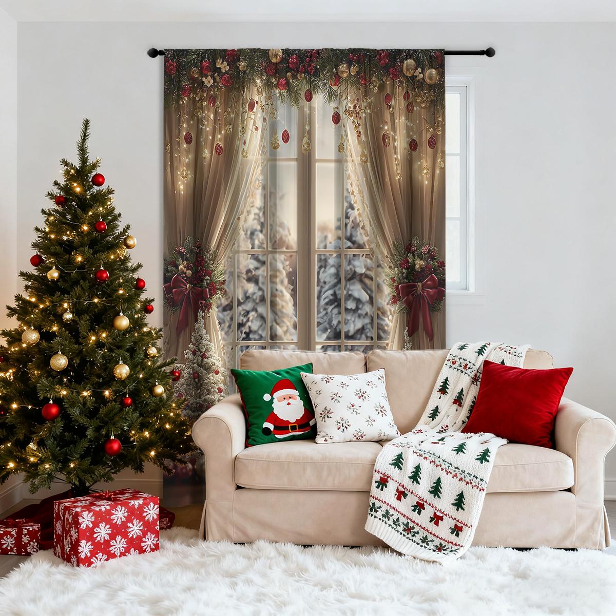 

Single Panel Christmas Window Scene Decoration Curtain Home Living Room Bedroom Office Party Daily Darkening For Area Made Of Polyester W100*H70(CM)-Hooks&1PCS