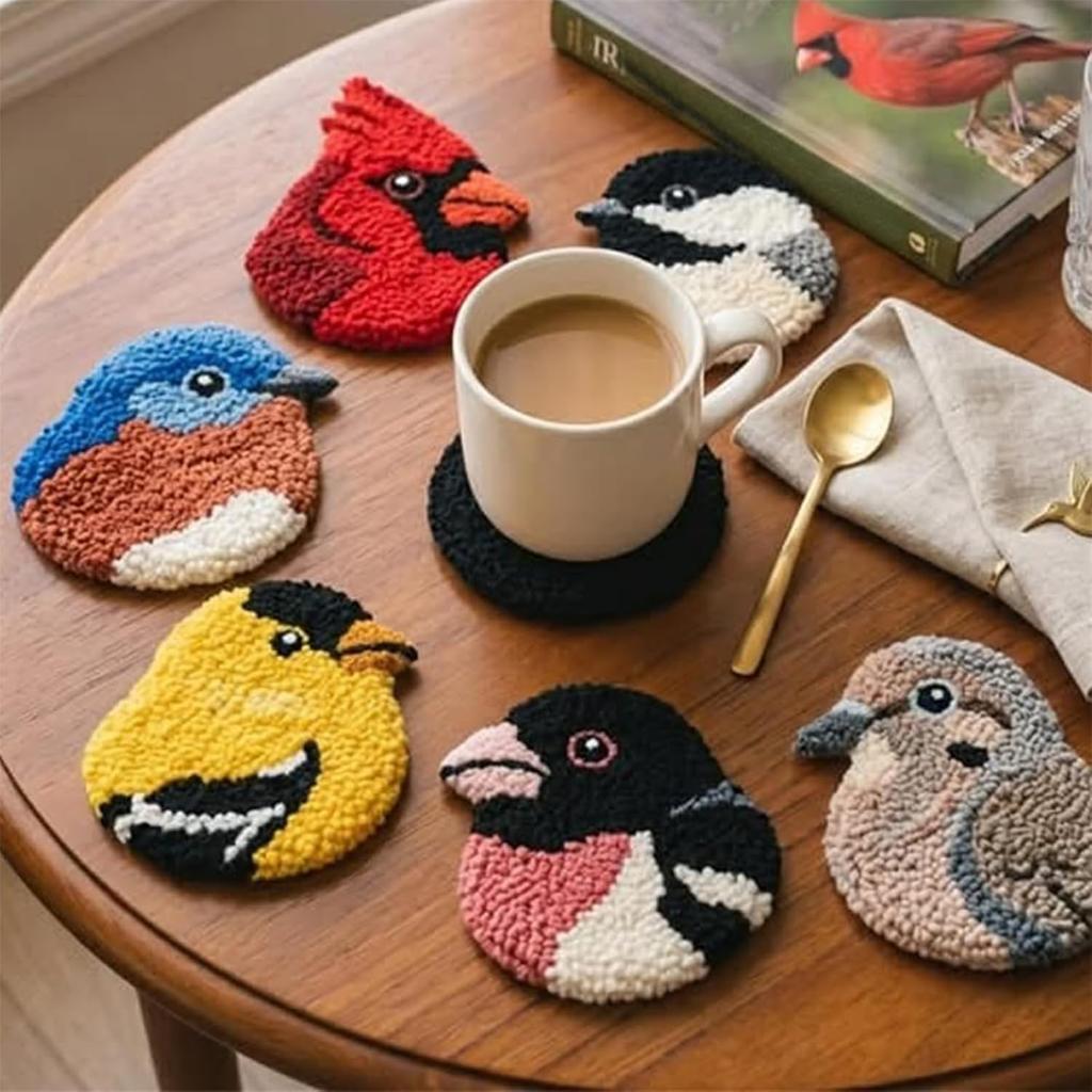 6 PCS DIY Bird Coasters Punch Needle Kit With Hoop Yarn & Patterns Handmade Tufted Bird Mug Rug Craft Set For Adults Stress Relief Home Decor Gift