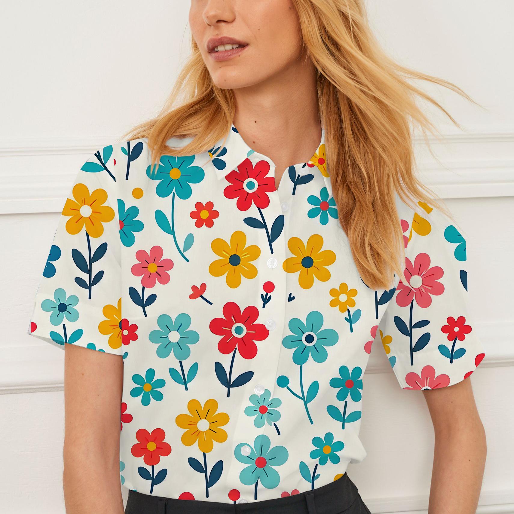 Summer Short Sleeved Shirt  Lapel Women s Floral Pattern Design Personality Fashion Women s Casual Tops S