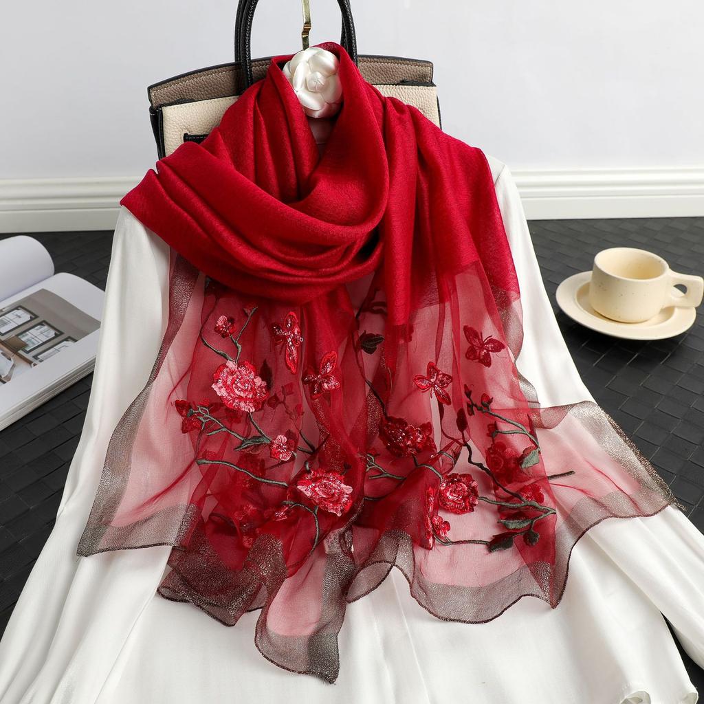 Lady Floral Embroidery Silk Wool Scarf Luxury Plaid Women Hijab Female Beach Stoles Shawl Wrap Headbands Scarves Bandana