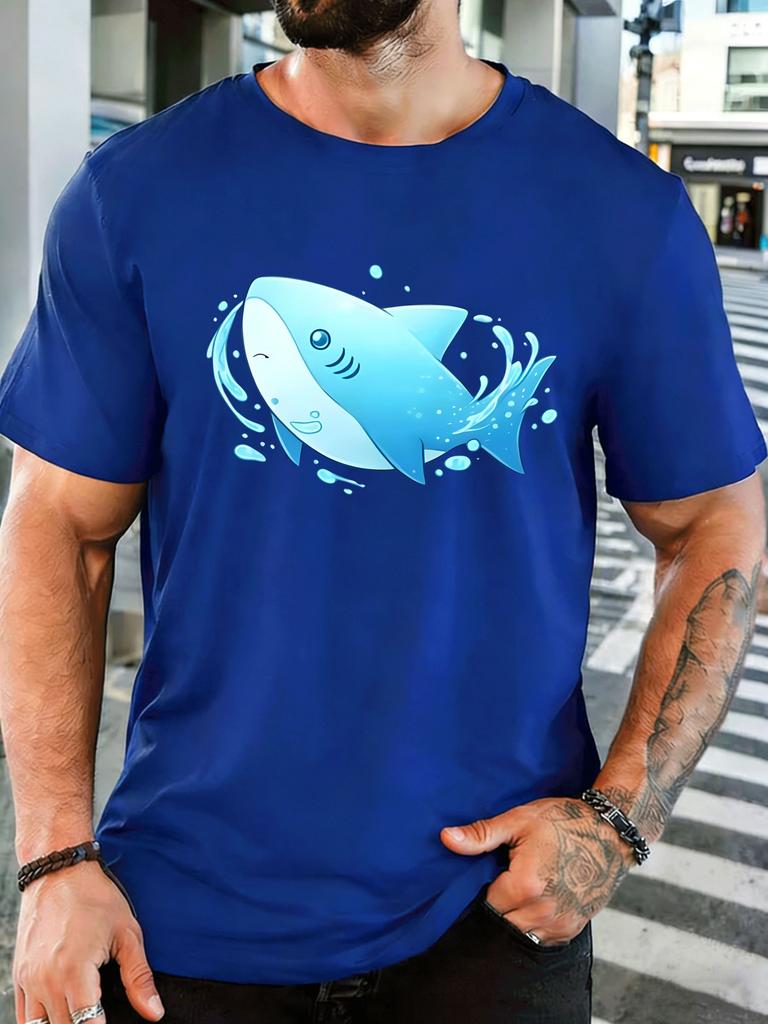 Cute Blue Shark With Water Splash Unisexs Front Print T Shirt Sea Animal Graphic Tee Casual Short Sleeve Top Ocean Lover Gift