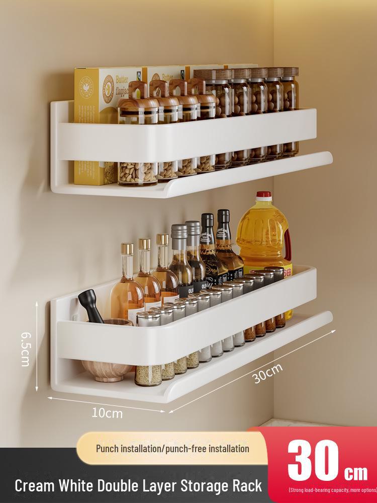 

Настенная кухонная стойка в кремовом стиле: Многофункциональное белое хранилище без перфорации для приправ и специй