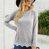 Îmbrăcăminte pentru femei europene și americane cu gât rotund, lejer, pulover, buzunar, tricou cu cusături din dantelă