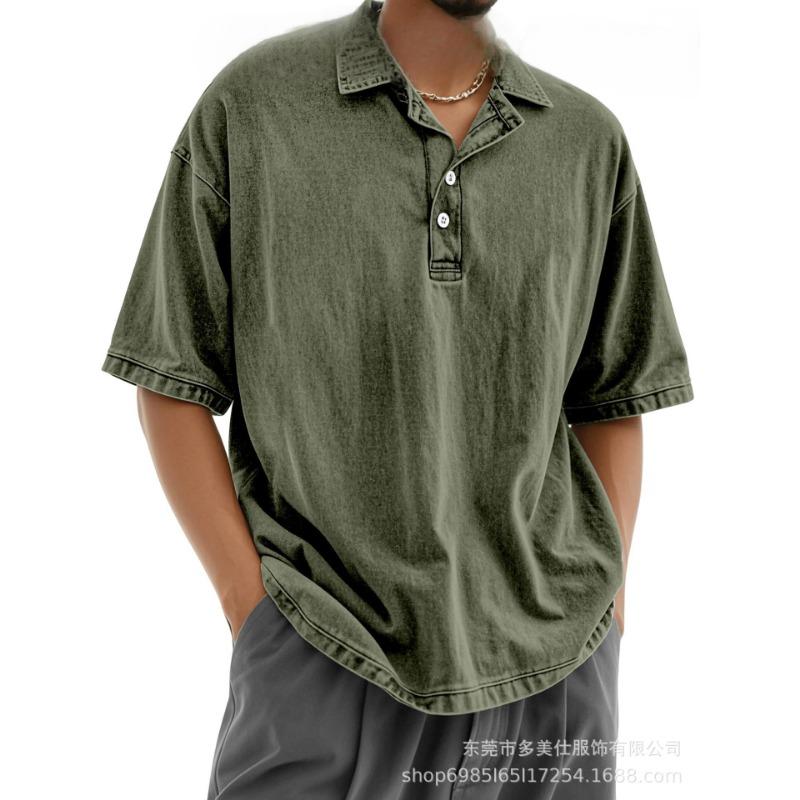 Mens Casual Washed Solid Color Drop Shoulder Short Sleeve Polo Shirt