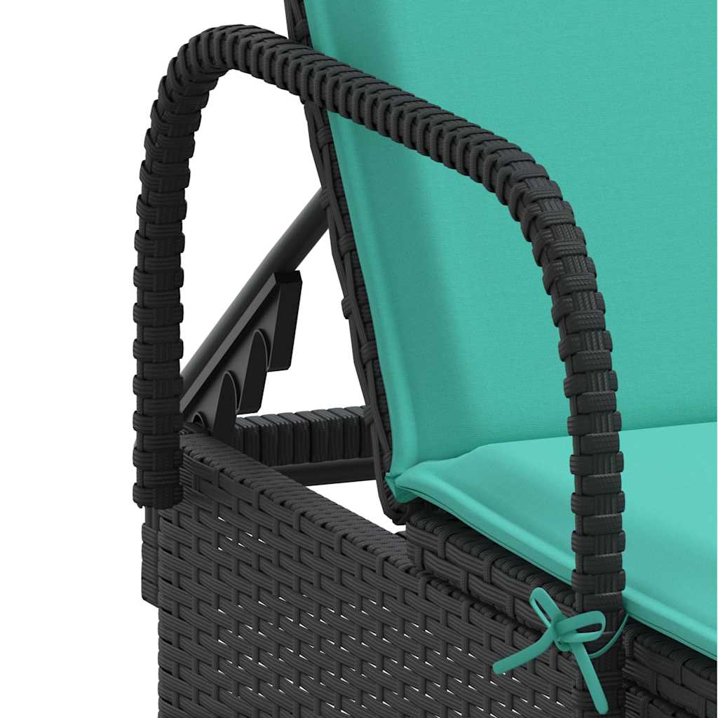 Sun Lounger with Wheels and Cushions Black Poly Rattan