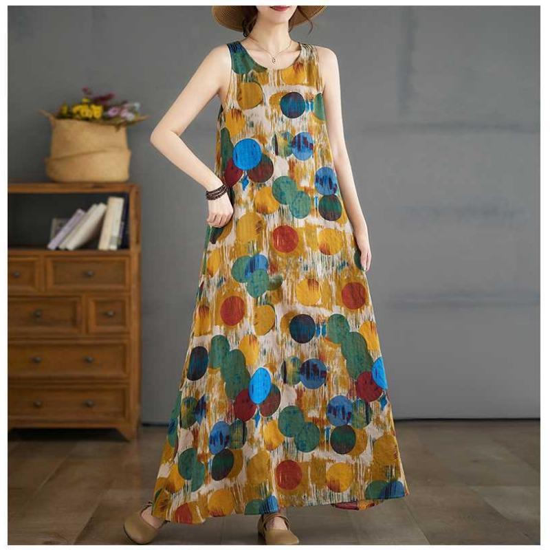 New Long Dresses Summer New Plus Size Sleeveless Round Neck Printed Dresses