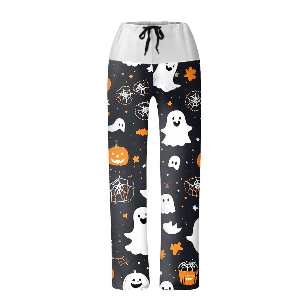 Women's Drawstring Elastic Waistband Wide Leg Color Matching Halloween Printed Casual Pants