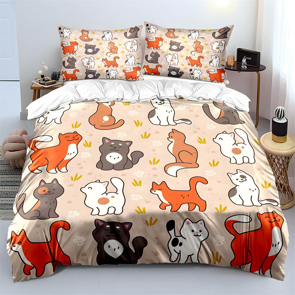 Cartoon Cat Pattern Design Print Bedding Set 1 Duvet Cover 2 Pillowcases for Adult and Children Luxury Gift Full Size