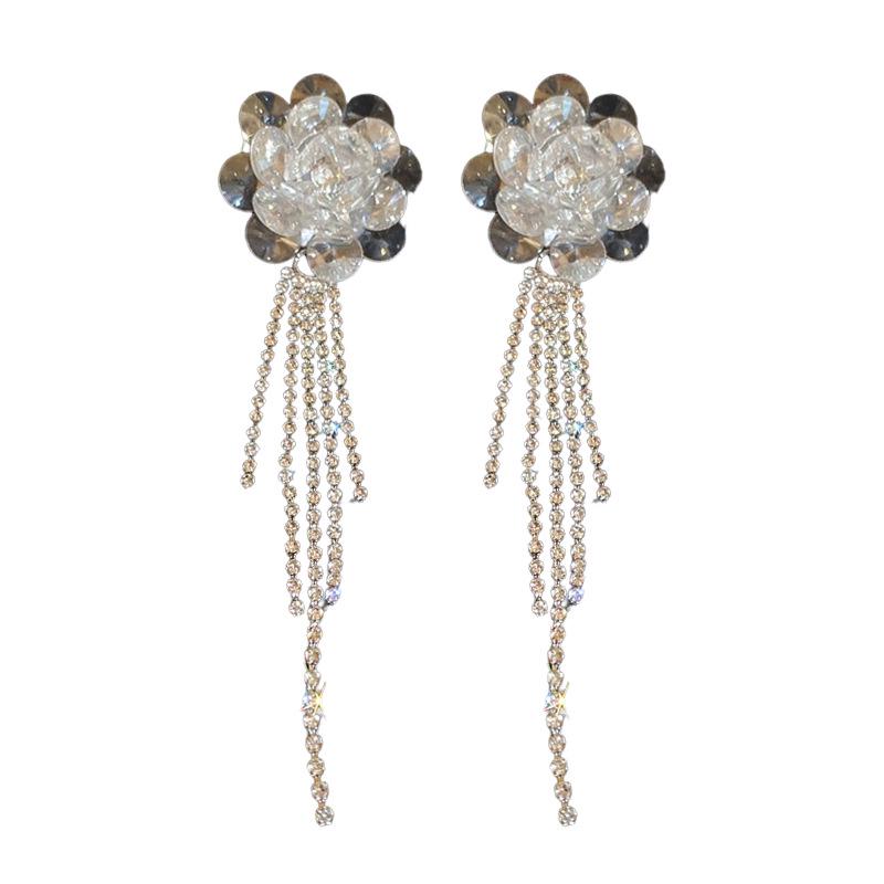 Elegant Crystal Flower Petal Rhinestone Tassel Earrings for Women