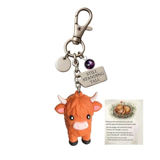Yousheng A Little Highland Cow for You Keychain, 3D Resin Highland Cow Keyring with Birthstone & Sentiment Card, Your Daily Reminder of Quiet Strength B February