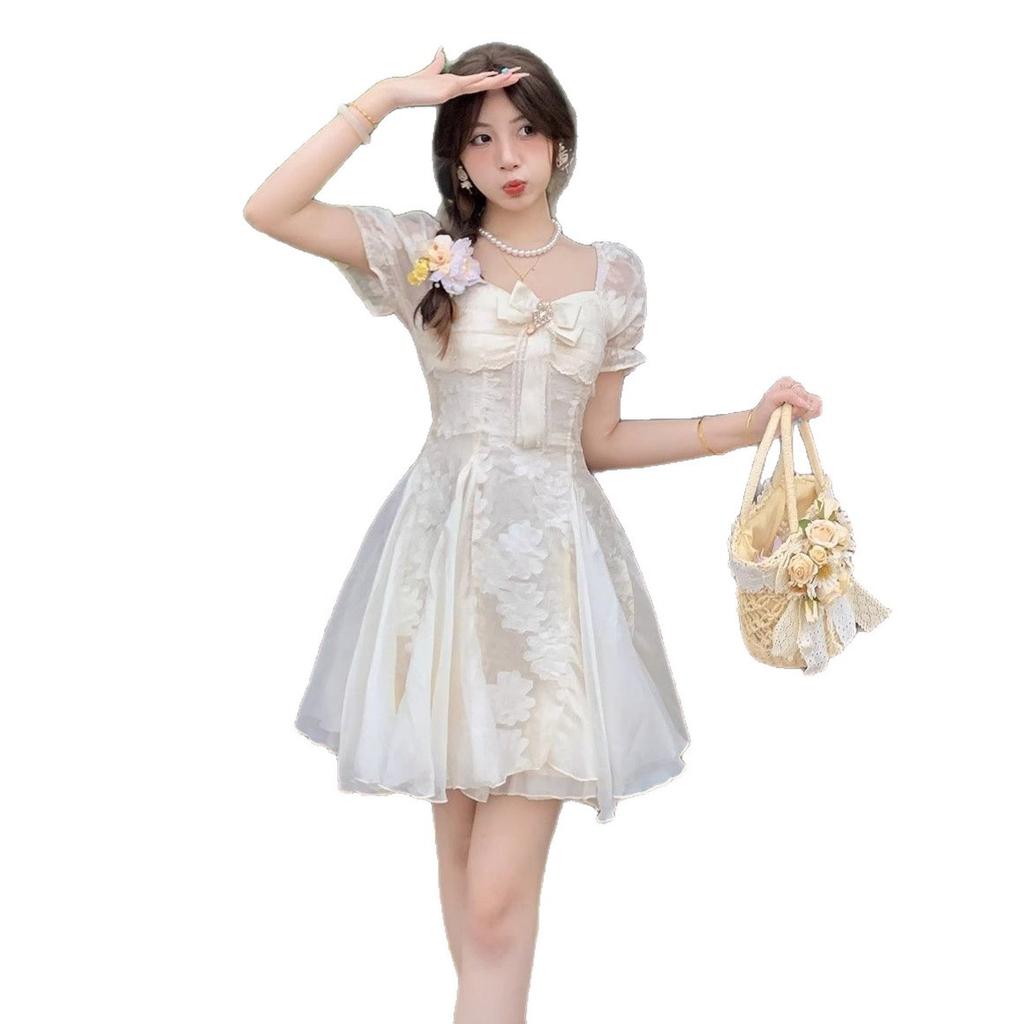 Summer vacation style short skirt pure desire white moonlight temperament cut flower fluffy mesh splicing dress princess dress