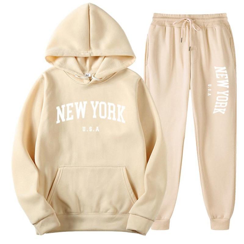 New York Graphic Print Tracksuit Set Mens Womens Loose Fit Hoodie Sweatpants Sportswear Casual Activewear