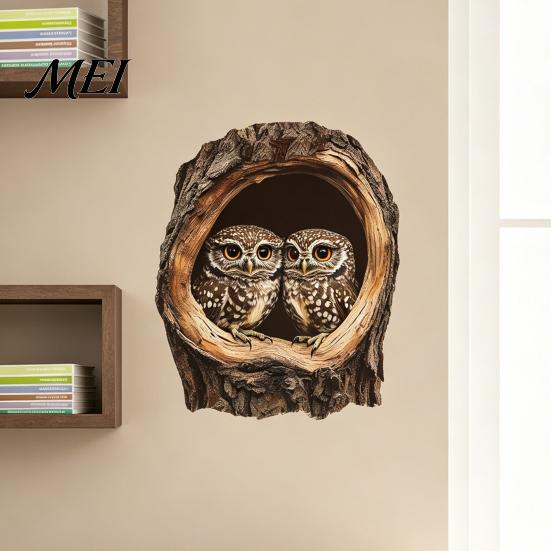 3D Owl Wall Decals Tree Hollow Sticker, Realistic Forest Animal Decal, Waterproof PVC Outdoor Weatherproof Murals Art Decor, Peel And Stick for Living