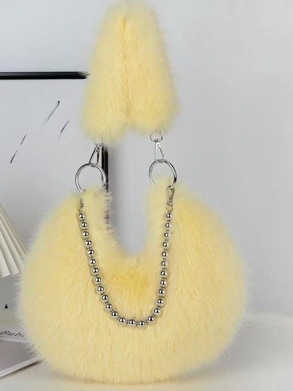 Autumn/Winter Faux Fox Fur Plush Shoulder Bag with Pearl Chain