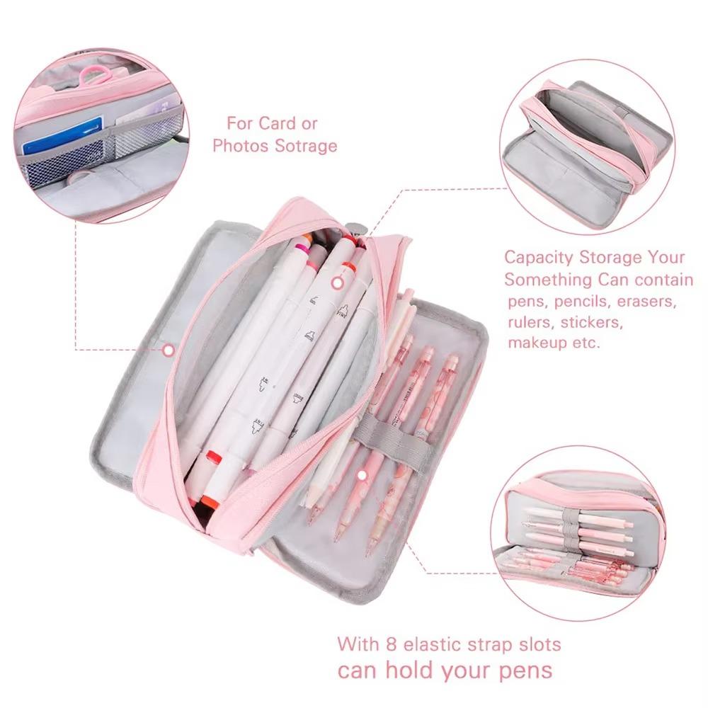 4 Compartments Pencil Pouch Zipper Closure Pen Case Large Pencil Bag  For Girls