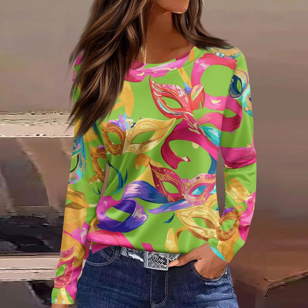 Women's Fashionable Casual Neck Long Sleeve Hem Split Carnival Print T-Shirt Top