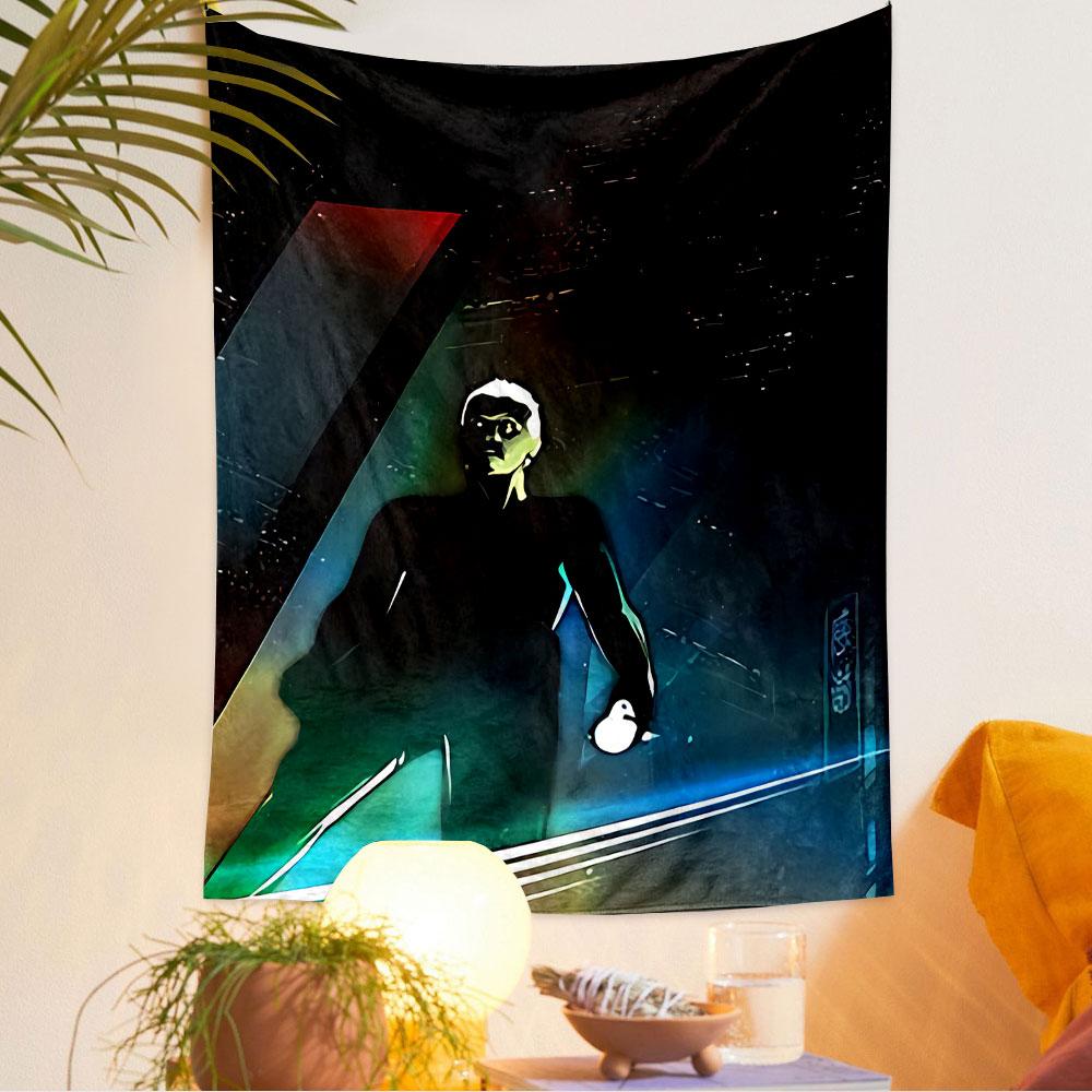 White Hair Cyberpunk Man Tapestry Wall Hanging, Rainy Neon City Silhouette Art, Futuristic Wall Decor for Bedroom Living Room Dorm