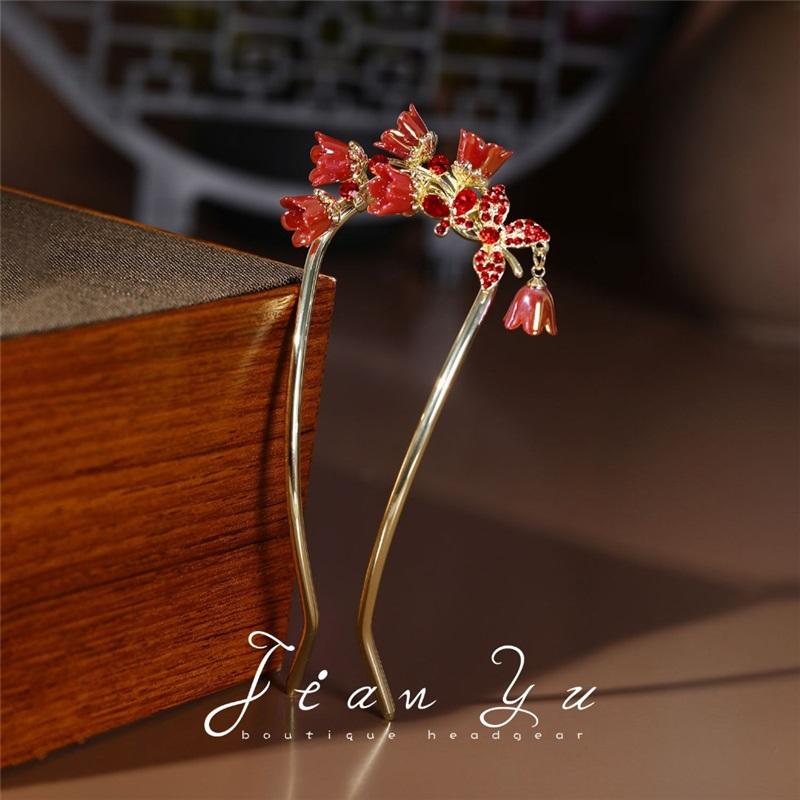 Red Bellflower U-Shaped Hairpin Rhinestone Retro Chinese Style Bridal Wedding Hair Accessories