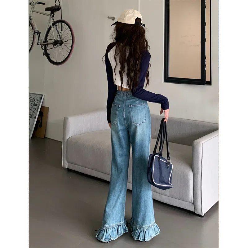 American Style High Waist Straight Leg Jeans with Playful Ruffles Trendy and Slim Fit
