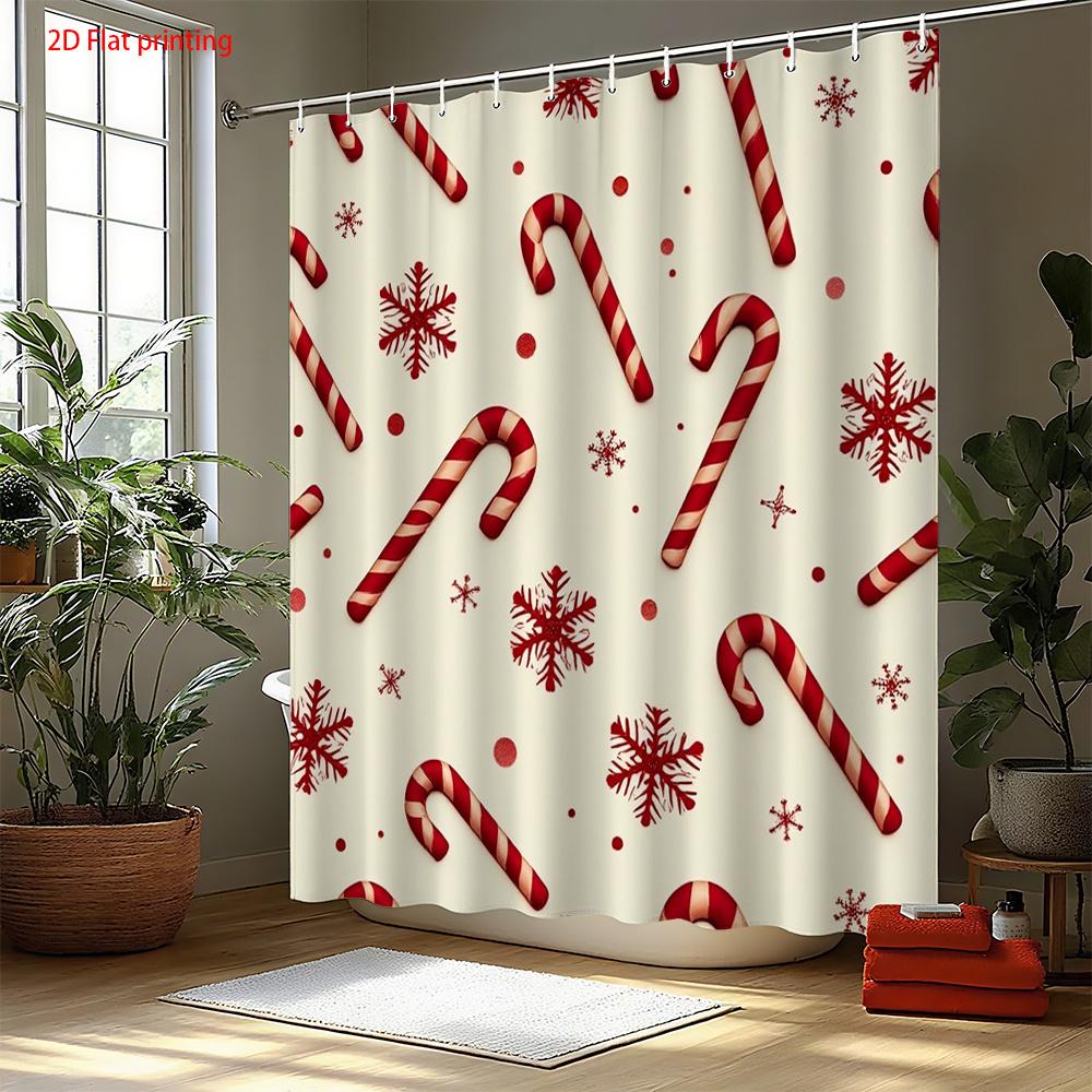 1Pc Shower Curtain With Candy Cane And Snowflake Pattern, Polyester Fabric, Machine Washable, Suitable For Bathroom Decoration